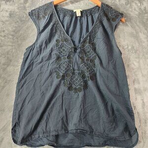 JCrew Women M Festival Boho Embroidered TunicTop 26153 Sleeveless TasselTie Navy
